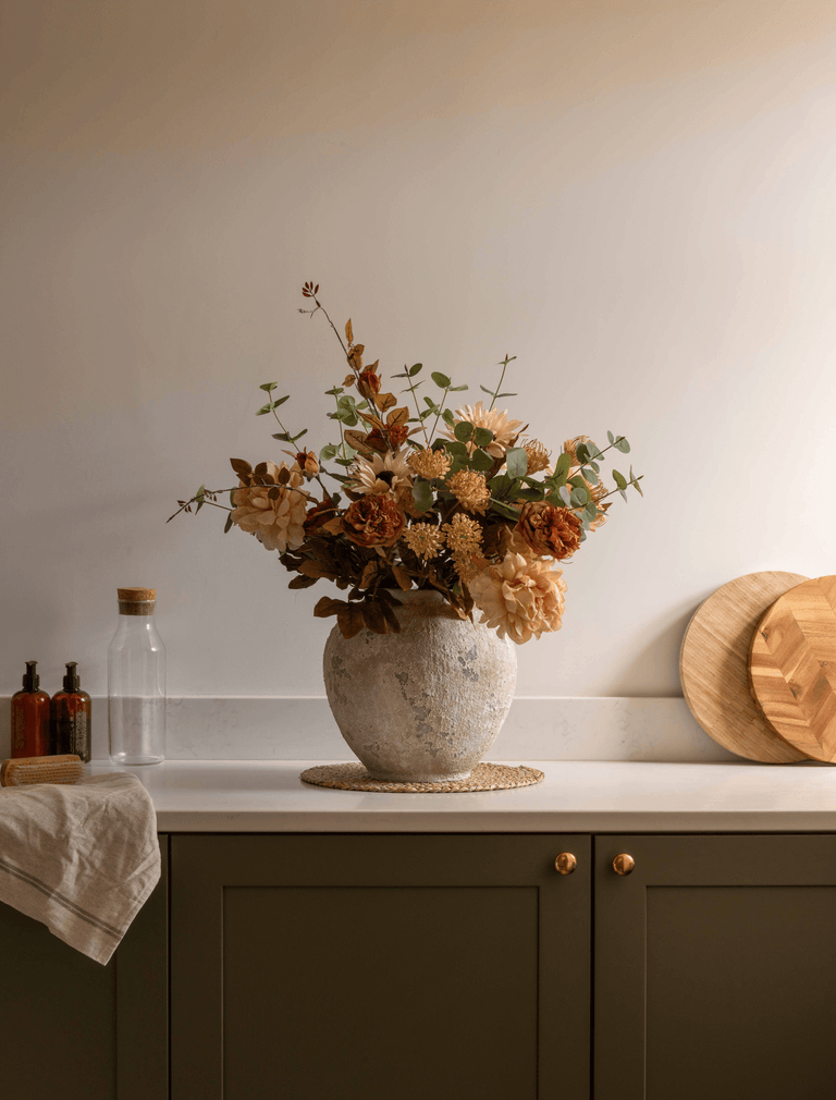 Faux herfst arrangement - groen en beige