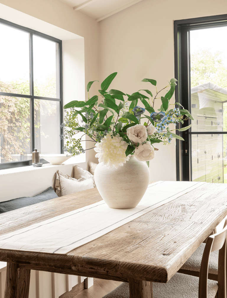 Faux Arrangement - White Dahlia and Blue Poppy
