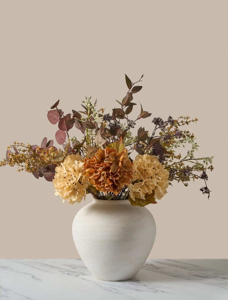 Faux Arrangement - Orange Hydrangea & Eucalyptus