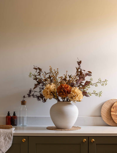 Faux Arrangement - Orange Hydrangea & Eucalyptus