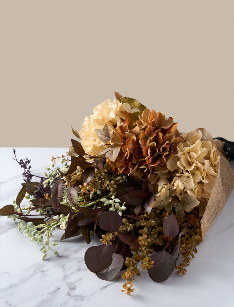 Faux Arrangement - Orange Hydrangea & Eucalyptus