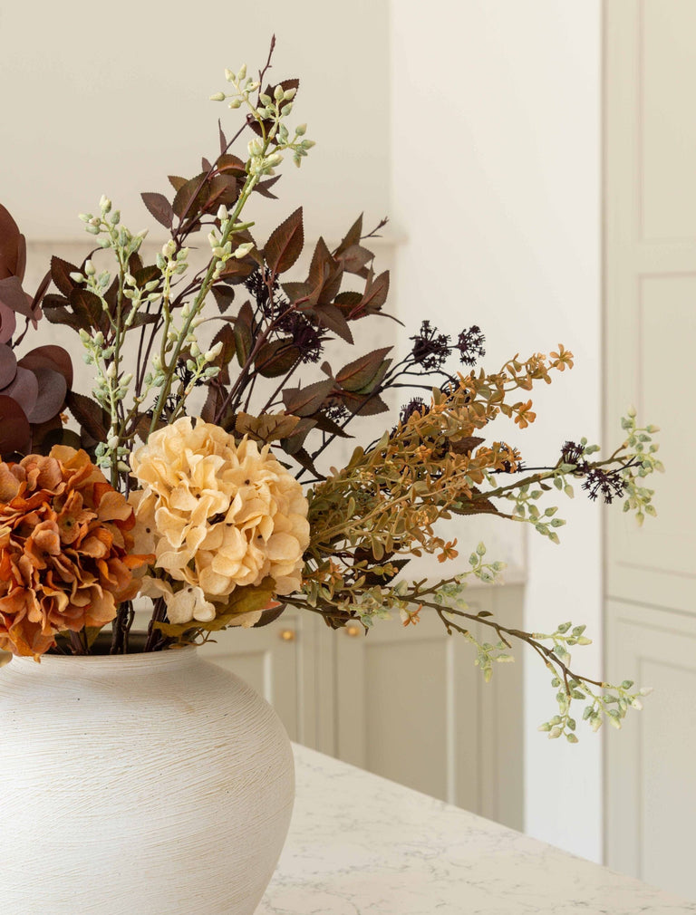 Faux Arrangement - Orange Hydrangea & Eucalyptus