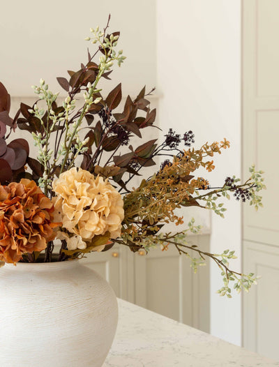 Faux Arrangement - Orange Hydrangea & Eucalyptus