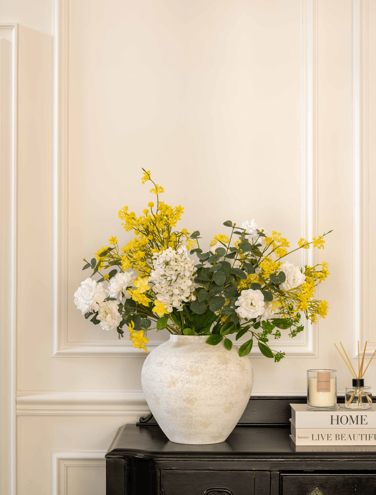 Faux Arrangement - Eucalyptus, Yellow Mimosa & White Dahlia