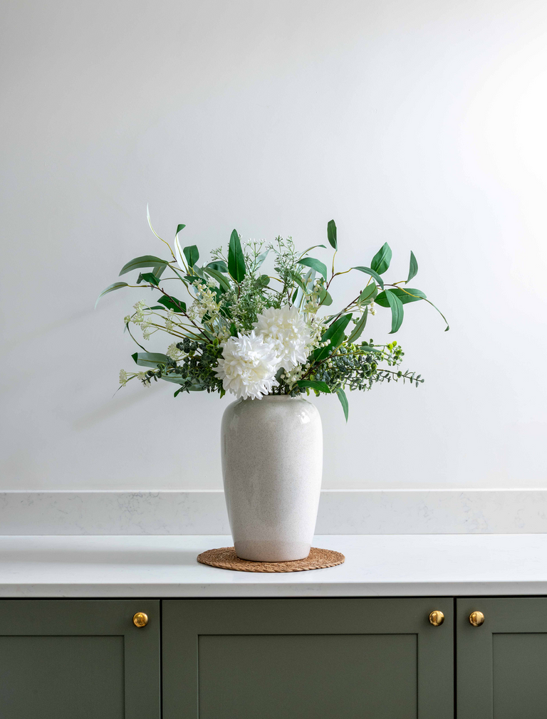 Faux Arrangement - White Dahlia & Green Foliage