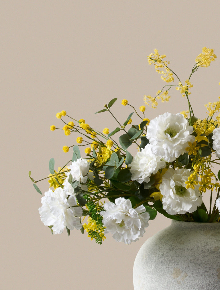 Faux Arrangement - Eucalyptus, Yellow Mimosa & White Dahlia