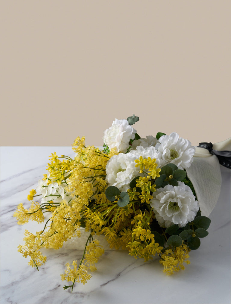 Faux Arrangement - Eucalyptus, Yellow Mimosa & White Dahlia