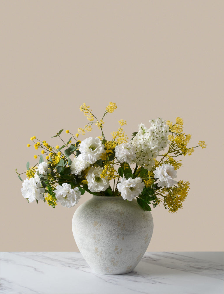 Faux Arrangement - Eucalyptus, Yellow Mimosa & White Dahlia
