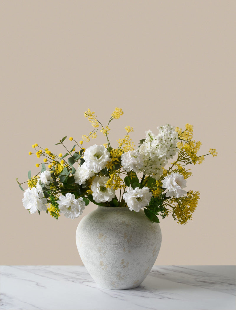 Faux Arrangement - Eucalyptus, Yellow Mimosa & White Dahlia
