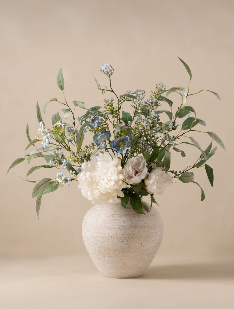 Faux Arrangement - White Dahlia and Blue Poppy