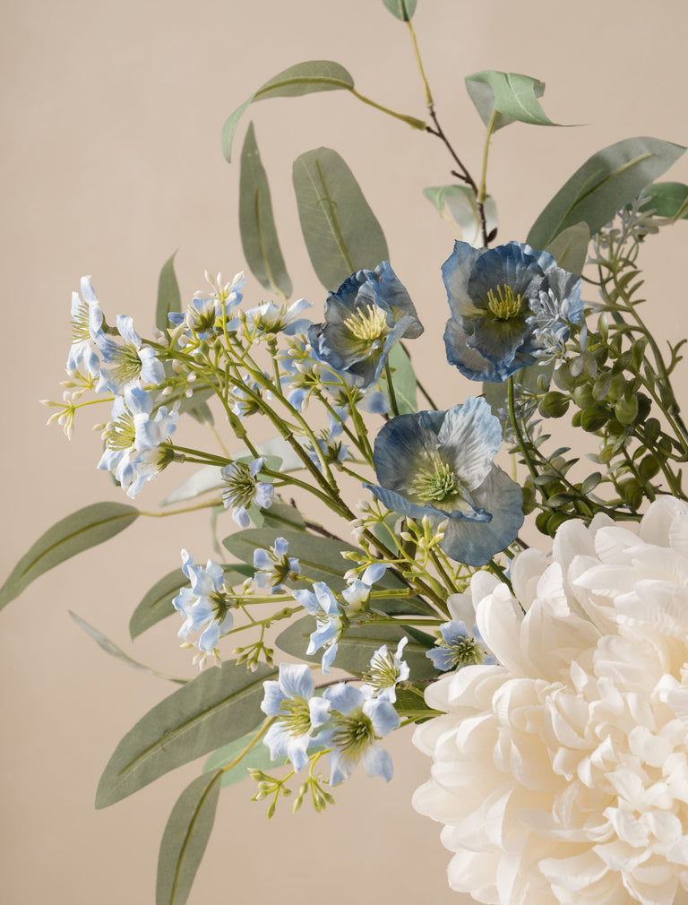 Faux Arrangement - White Dahlia and Blue Poppy