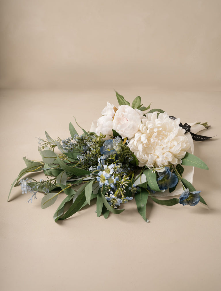 Faux Arrangement - White Dahlia and Blue Poppy