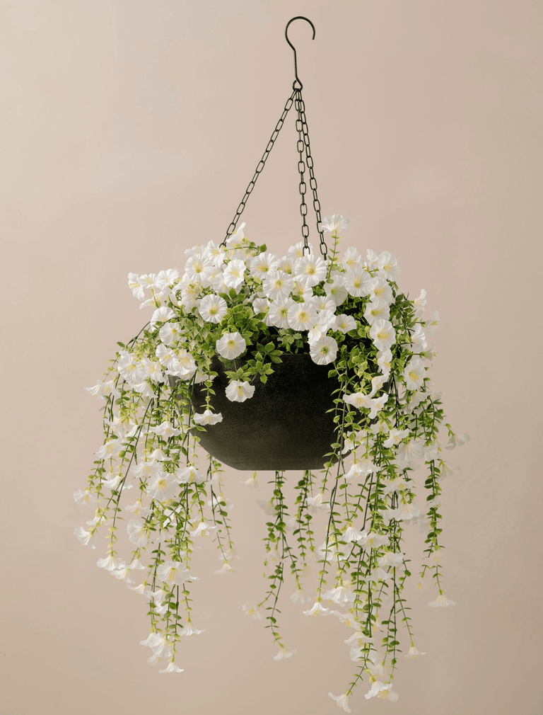 outdoor white hanging planter Outdoor Hanging Petunia Basket