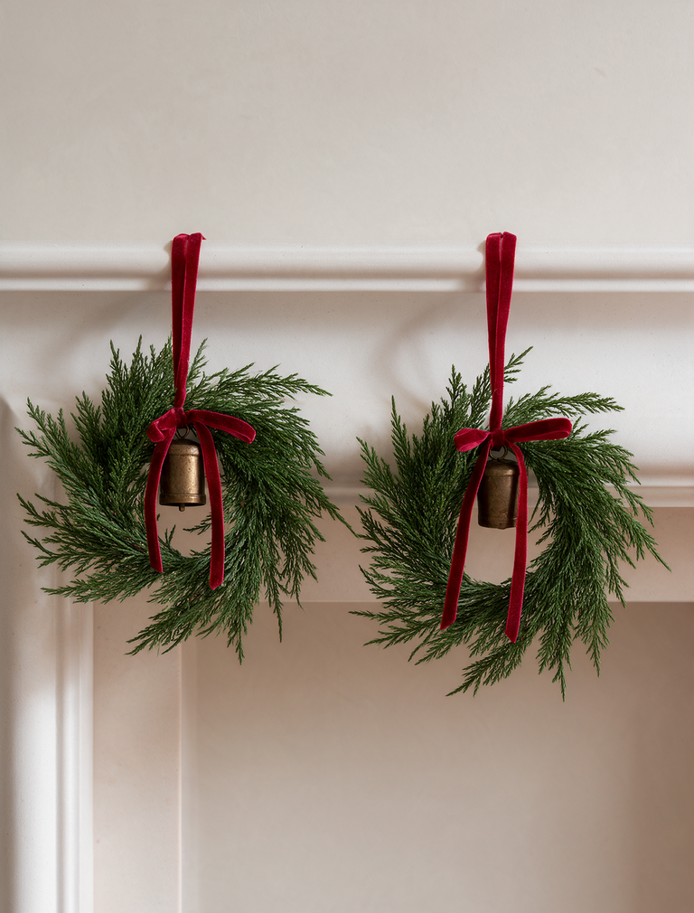 Faux Mini Wreath with Bell - Set of 2