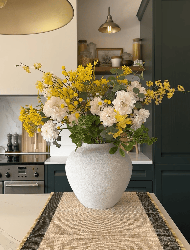 Faux Arrangement - Eucalyptus, Yellow Mimosa & White Dahlia