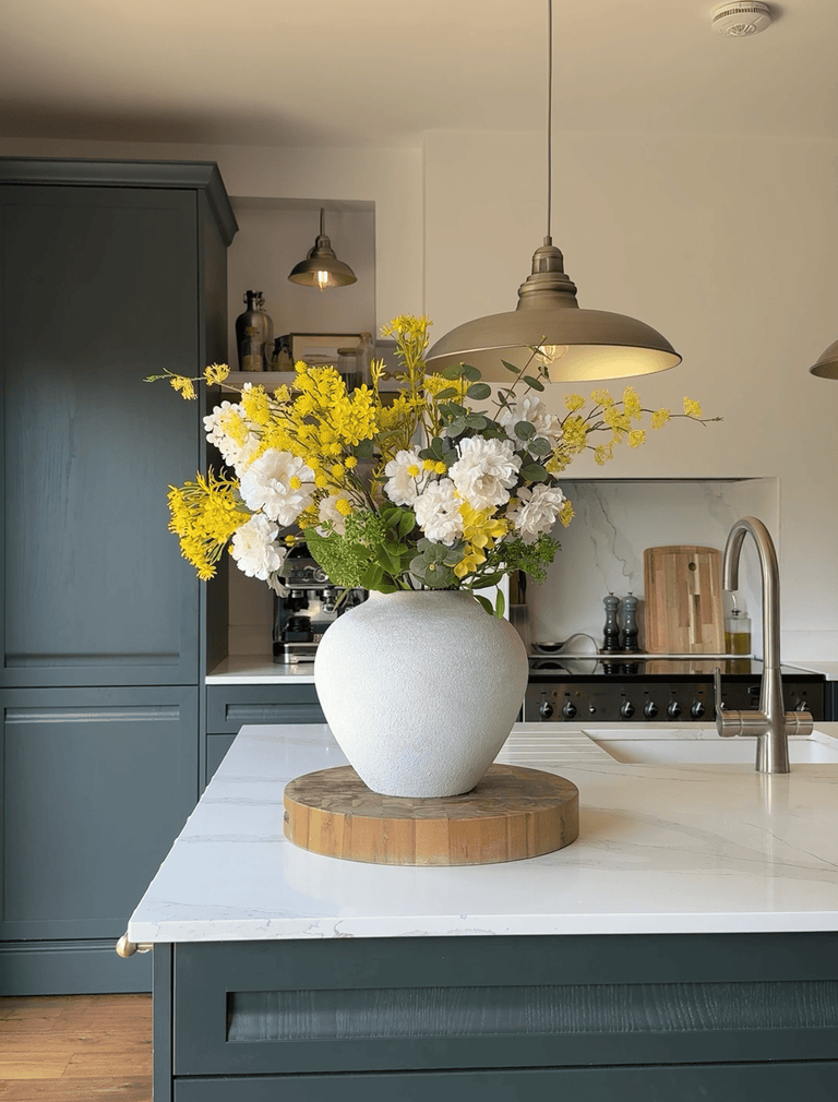 Faux Arrangement - Eucalyptus, Yellow Mimosa & White Dahlia