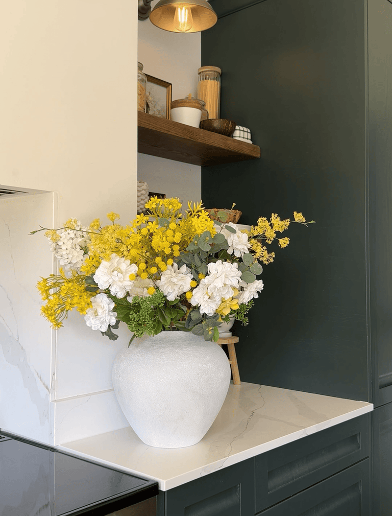 Faux Arrangement - Eucalyptus, Yellow Mimosa & White Dahlia