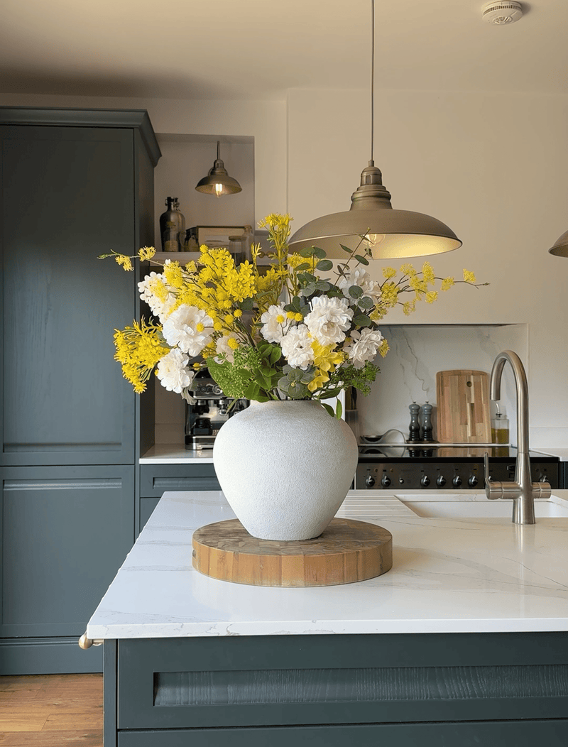 Faux arrangement - Eucalyptus, gele mimosa & witte dahlia
